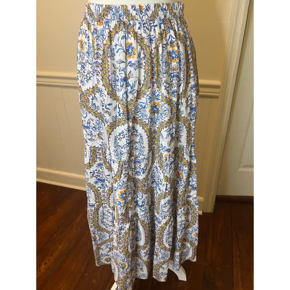 DRA Los Angeles Blue Yellow Floral Medallion Tiered Maxi Skirt Womens Small Boho